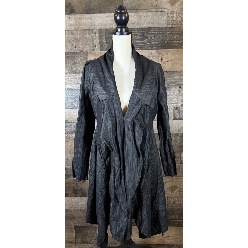 Eileen Fisher Black Cotton/Viscose/Metallic Lined Trench Assymetrical Hem Coat S